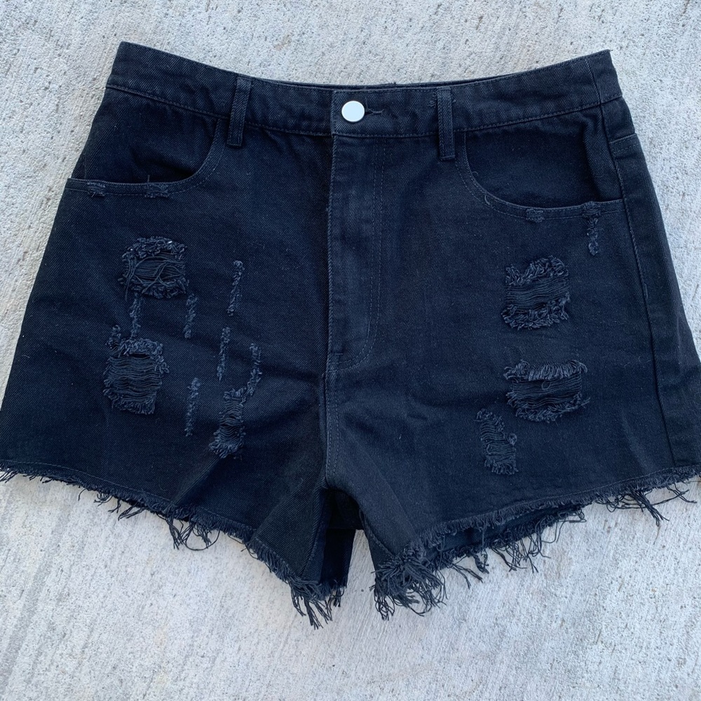 High Waisted Black Distressed Shorts
